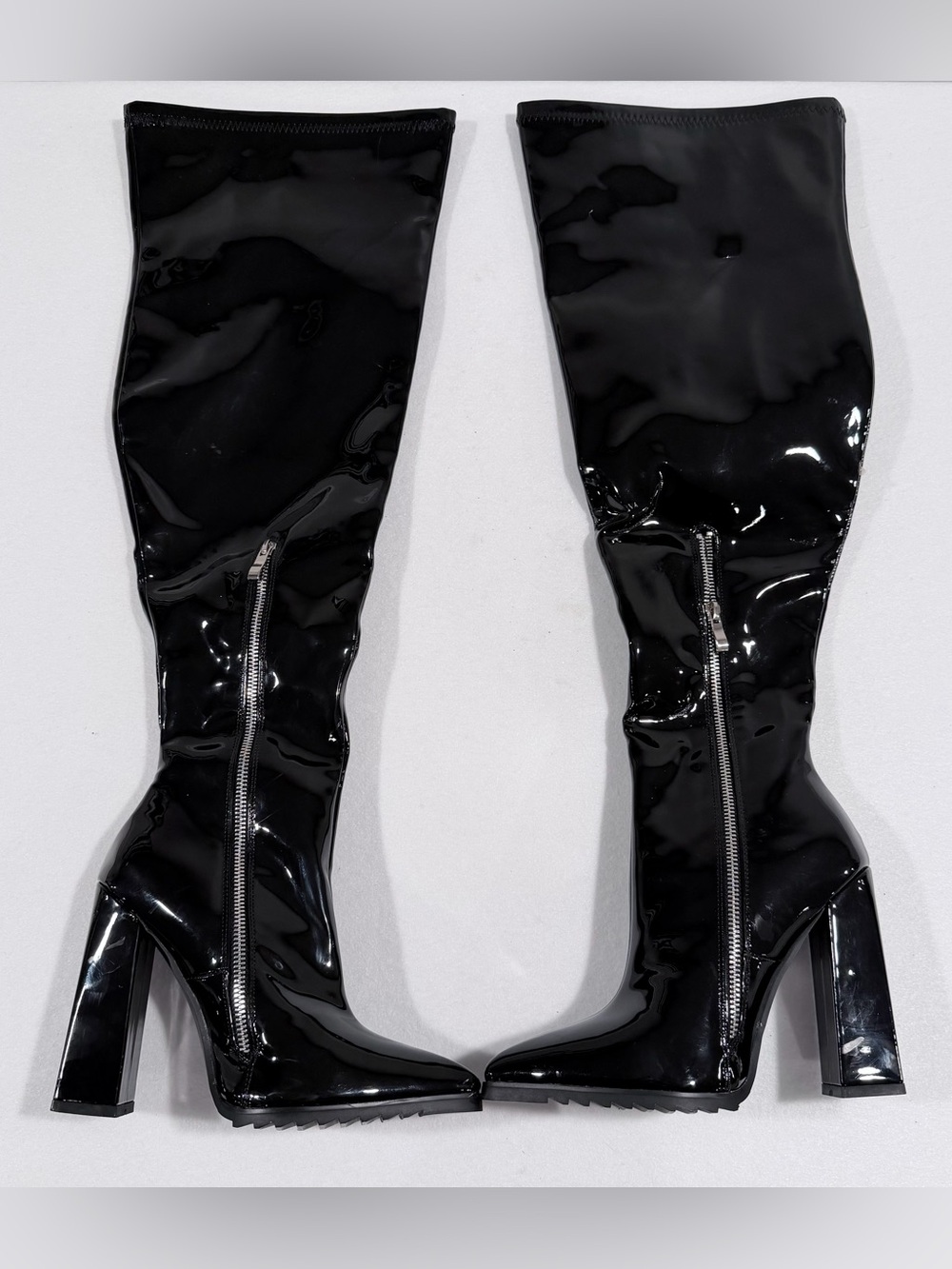 Patent Over-the-Knee Zip Block Heel Boots in Black
